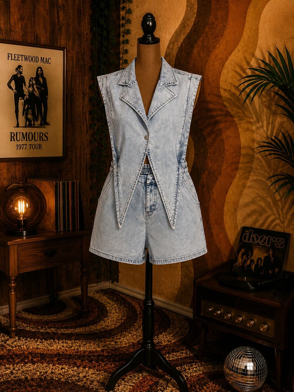 Vintage Light Wash Denim Utility Romper Sleeveless Button Front